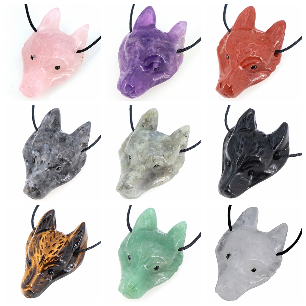 Science Nature - 40mm Wolf Head Stone Pendant Natural